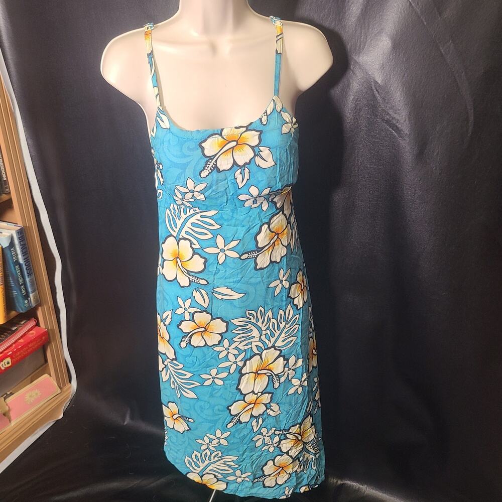 Vintage 90s tiki palm blue tropical florals, dress size medium